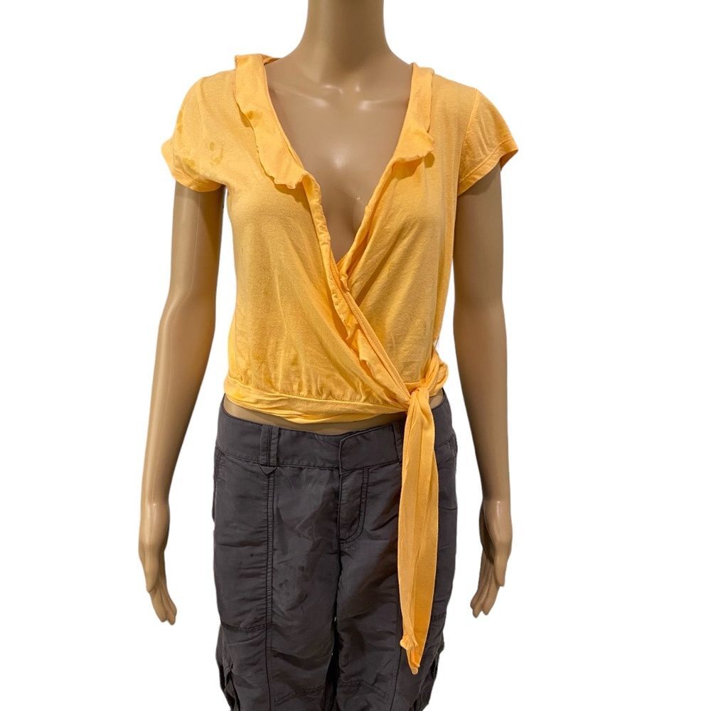Kamiseta Orange Ruffle Trim Surplice V Neck Tie Waist True Wrap Top Large L